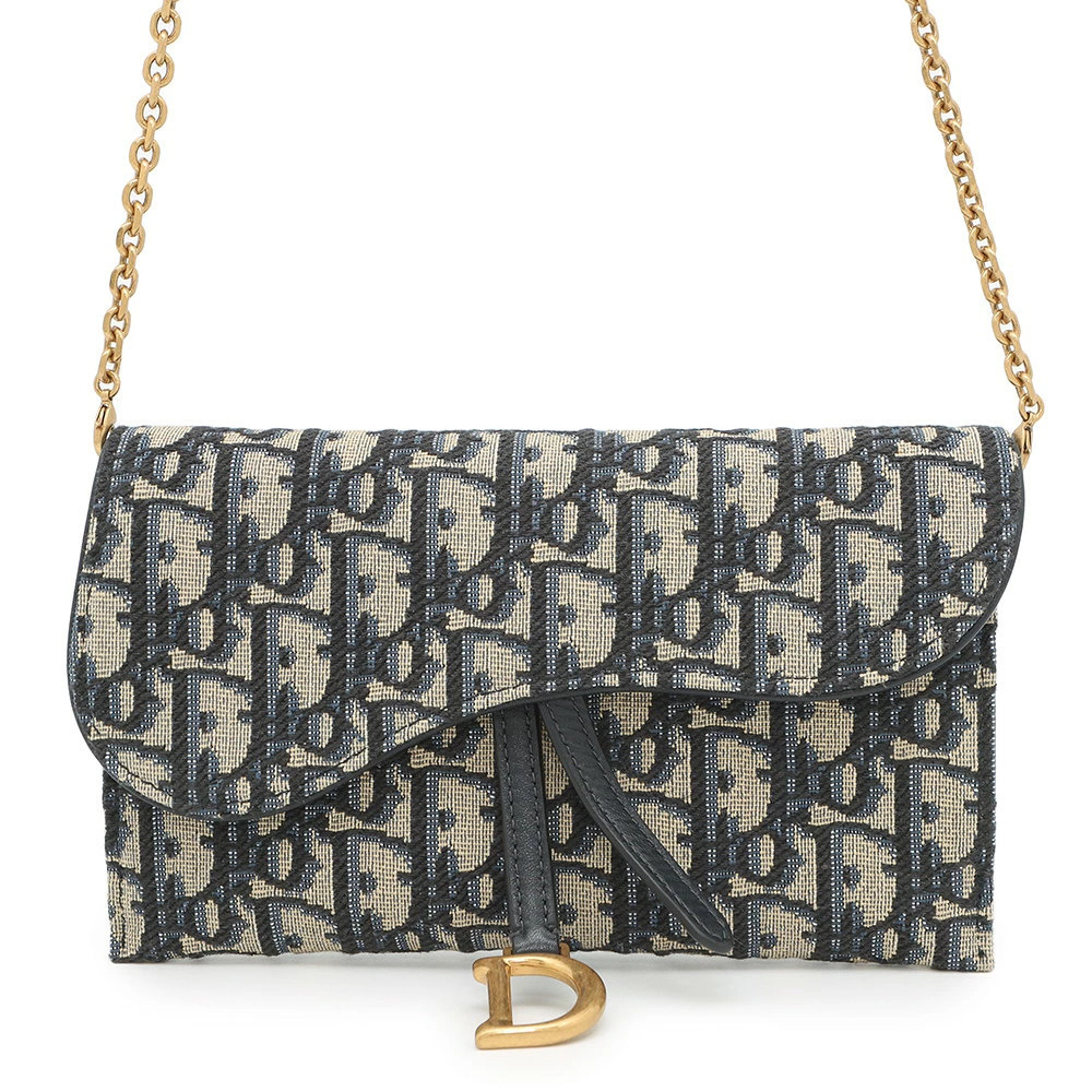 Christian Dior Chain Wallet Saddle Pouch Clutch Jacquard Trotter